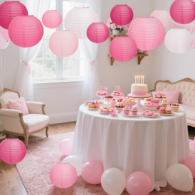 12 Pcs Pink Paper Lanterns 10" Hanging Valentines Paper Lanterns Pink Party Decorations for Valentine's Day Party Decorations Wedding Birthday Engagement Bridal Showers Galentines Day Decor