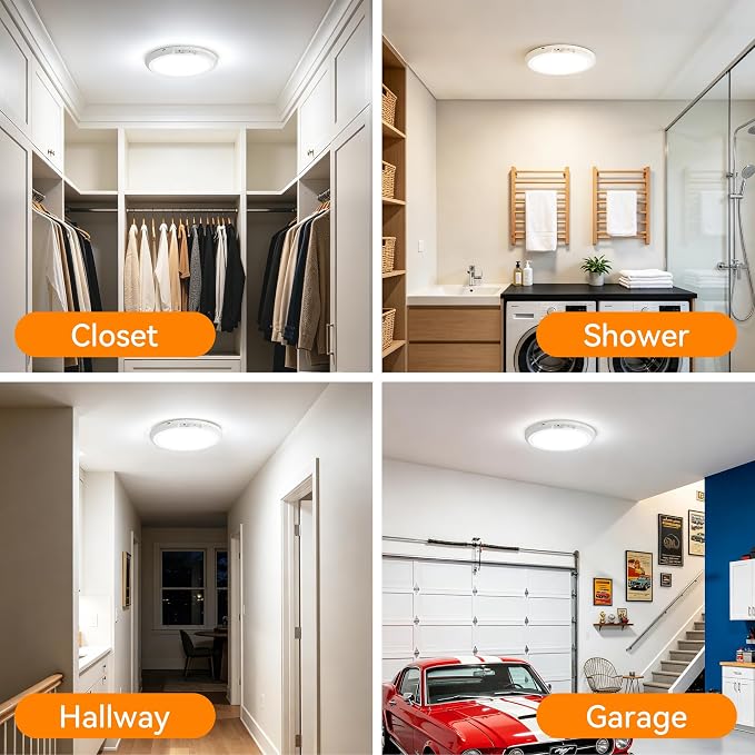 10000mAh Rechargeable Ceiling Light 2 Pack, Battery Operated Motion Sensor Closet Light with Remote, 3 Color Temperatures Dimmable Magnetic Mount for Closet Shower Hallway (2, White)