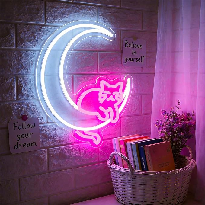 Moon Cat Neon Sign Girl Room Decor Led Neon Lights Signs for Wall Decor USB Powered Led for Room Decoration