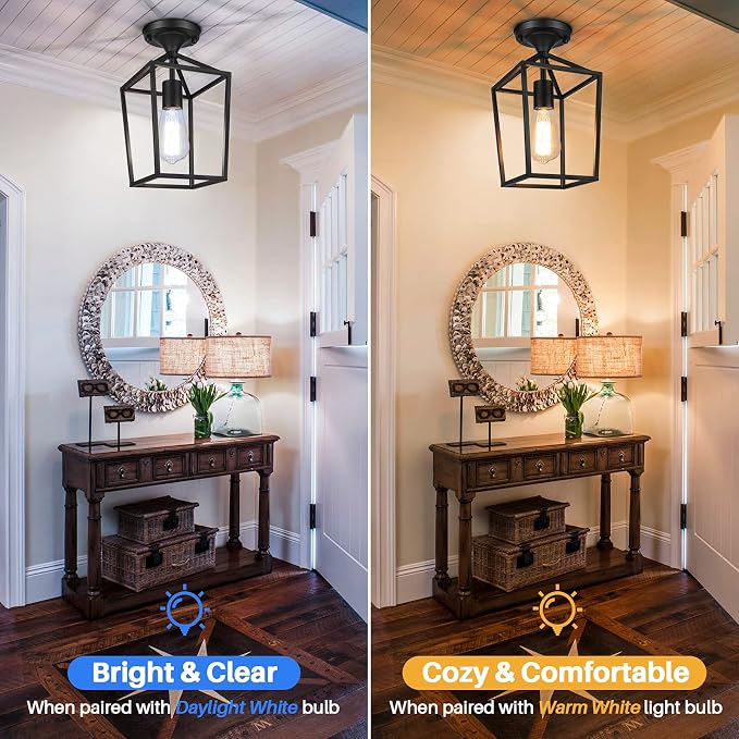 2-Pack Farmhouse Semi Flush Mount Ceiling Light Fixtures, Black | Rustproof Metal Frame, Industrial Open Design, Easy to Clean, E26 Bulb Compatible, Ideal for Hallway, Entryway & Laundry