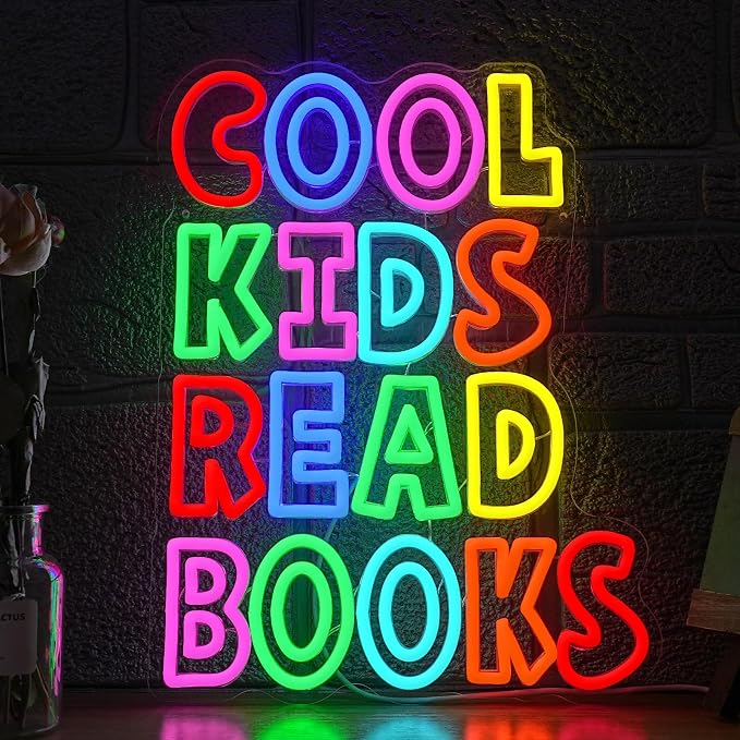 Cool Kids Read Books Neon Sign for Wall Decor Reading Letters Neon LED Light USB Powered Book LED Light Sign for Classroom Library School Girls Boys Room(12.6 * 16.54In)