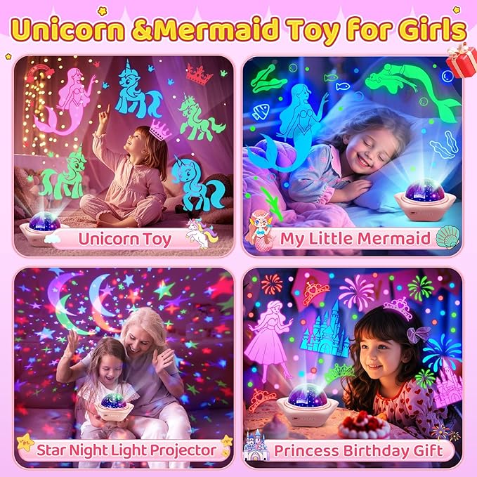 Unicorn Toys for Girls Gifts, 【6 Films+93 Colors+Rechargeable】Kids Night Light Projector, Unicorn Toys+Princess Toys+Mermaid Toy+Sensory Toys+Star Projector, Kids Sensory Toy for 3 Year Old Girl Gifts