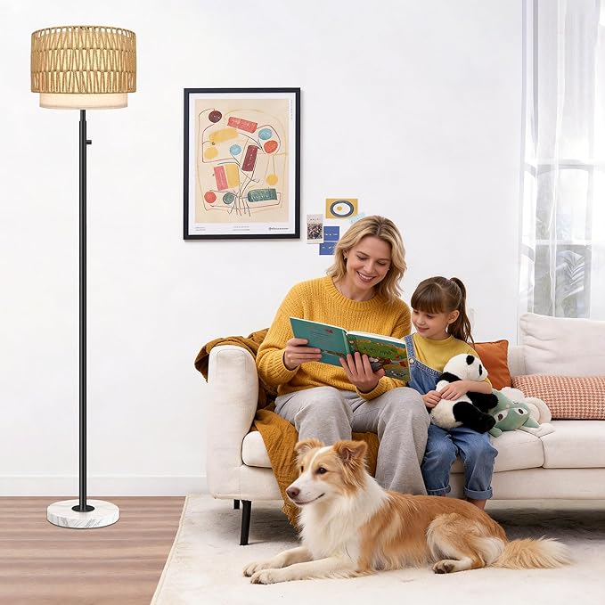 Rattan Floor Lamp,Floor Lamp for Bedroom,Modern Standing Lamp with Marble Base,Dimmable Standing Lamp for Bedroom, Reading,Office & Kids' Room,LED Bulb Included