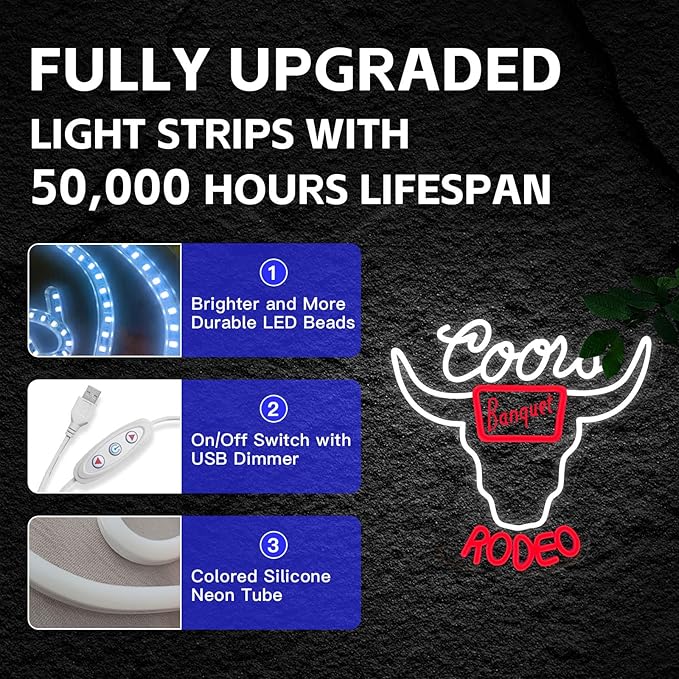 Western Decor Beer Neon Sign - 10 Brightness Adjustments Usb Powered, Neon Beer Signs, Sign Beer, Bar Club Bull Led Wall Decor, Cow Skull Light, White Red