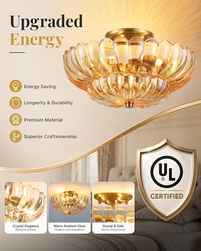 Semi Flush Mount Ceiling Light Fixture 14" Vinatge Gold Ceiling Lights Mid Century Modern Glass Close to Ceiling Lighting Fixtures for Bedroom Hallway Kitchen Laundry Room Bathroom Foyer