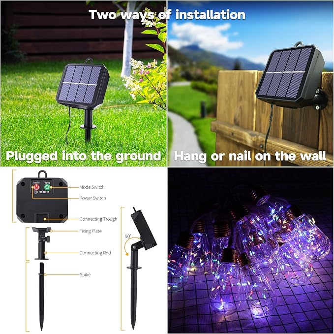 Solar Outdoor String Lights, 20Ft Vintage Rope Hemp Solar Patio Lights | Waterproof Multicolor Solar Powered String Lights With 8 Modes 16 Shatterproof Bulbs for Garden Fence Stairs Balcony Bistro