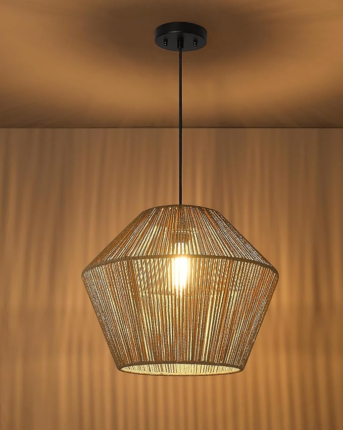 ELYONA 17” Woven Pendant Light, Modern Boho Chandelier Handwoven Rattan Basket Shade, Japandi Pendant Light Fixtures Farmhouse Ceiling Hanging Lamp for Dining Room, Kitchen Bedroom, Entryway, Foyer