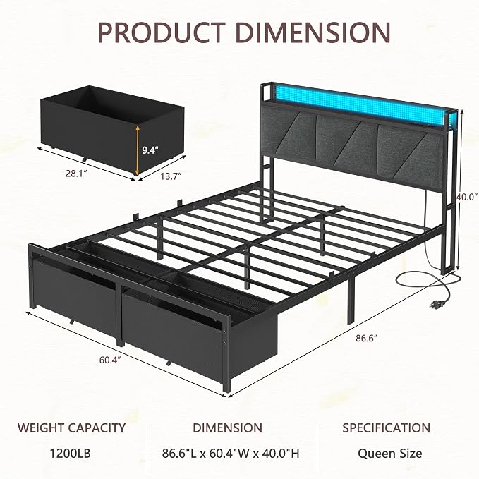 Queen Bed Frame with 2 Storage Drawers & Upholstered Headboard | Metal Platform Bed with Storage Shelf, Charging Station, LED Lights and Heavy-Duty slats, No Spring Box Needed, Noise-Free
