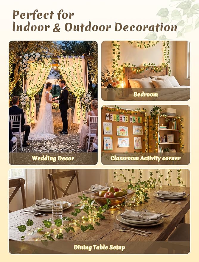 YOUNGAR Pothos Vines with Fairy Lights,Battery/USB Operated Leaf String Warm White Lights,23FT 73LED vine lights with Remote for Bedroom Garland Wedding Birthday Garden Party Wall Room Headboard Decor