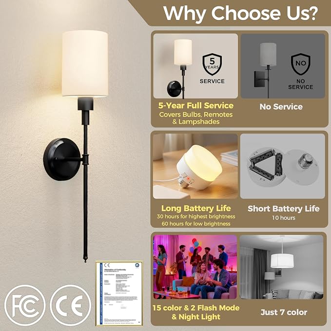 Battery Operated Wall Sconce: Set of 2 Wireless Wall Lights with 12000mAh | 15 Color Rechargeable Wall Sconces, Not Harwired Sconce Wall Decor Set of 2 for Bedroom, Living Room, Black 24.3in