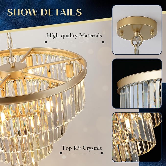 Modern Crystal Chandeliers Luxury Gold 24" Round Chandelier 12 Lights Ceiling Pendant Light Fixture 4-Tier K9 Crystal Lighting for Living Room Dining Room Staircase Foyer