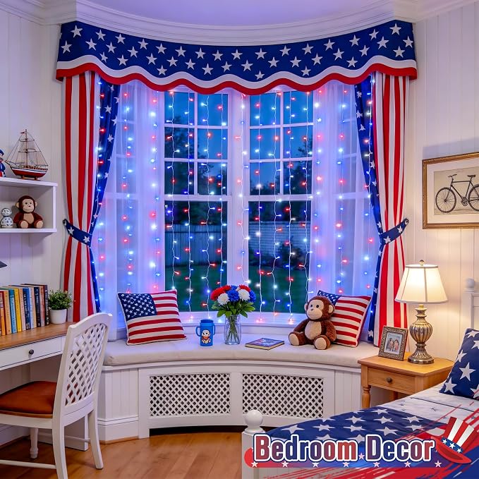 JMEXSUSS 200 LED Red White and Blue Curtain Lights, 6.5ft x 6.5ft | 4th of July Lights USB Plug in, 8 Modes Patriotic Hanging String Lights with Remote for Memorial Day Independence Day Decor