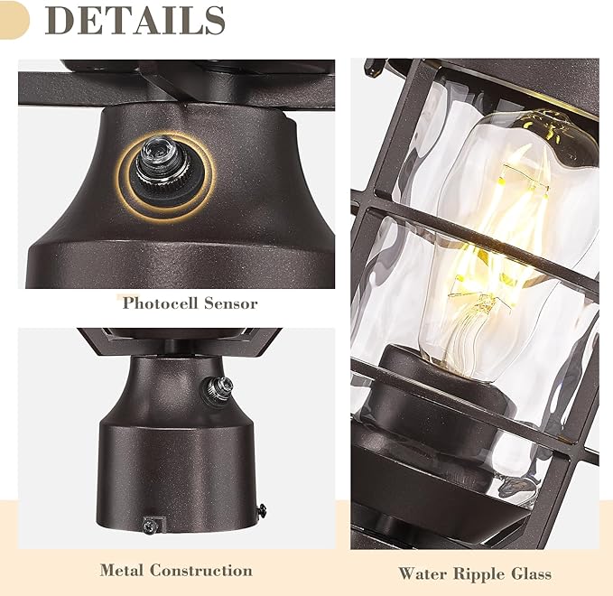 Emliviar Set of Two 14.4" Pillar Lights Outdoor, Dusk to Dawn Farmhouse Oil Rubbed Bronze Outdoor Post Lamp with Water Ripple Glass Shade, GE255P-L-PC-2 ORB-WG