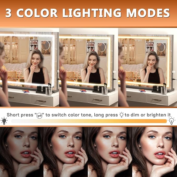 Hasipu Vanity Mirror with Lights, 32" x 22.4" LED Makeup Mirror, Lighted Makeup Mirror with Dimmable 3 Modes