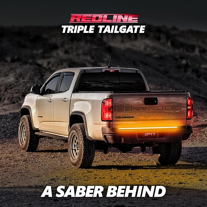 OPT7 Redline 48" Aluminum Truck Tailgate Light Bar w/Sequential Amber Turn - Weatherproof Rigid 1-Piece Triple Row LED Strip - Dynamic Taillight w/White Reverse - Fits Tacoma Colorado Frontier Canyon