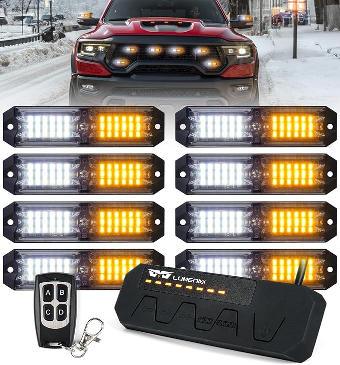 LUMENIX Grille Strobe Lights Kits for Trucks w/Controller, 8PCs High-Intensity LED Deck | Surface Mount Emergency Construction Vehicles Snowplow Towing Side Marker Flashing Warning Light- White Amber