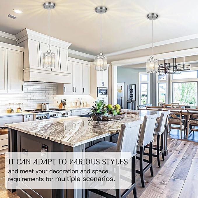 3 Pack Pendant Lights Kitchen Island Brushed Nickel Pendant Light | Crystal Pendant Light, Easy Install, Adjustable Height, E26 Base, for Kitchen Island, Dining Table, Entryway, Restaurant