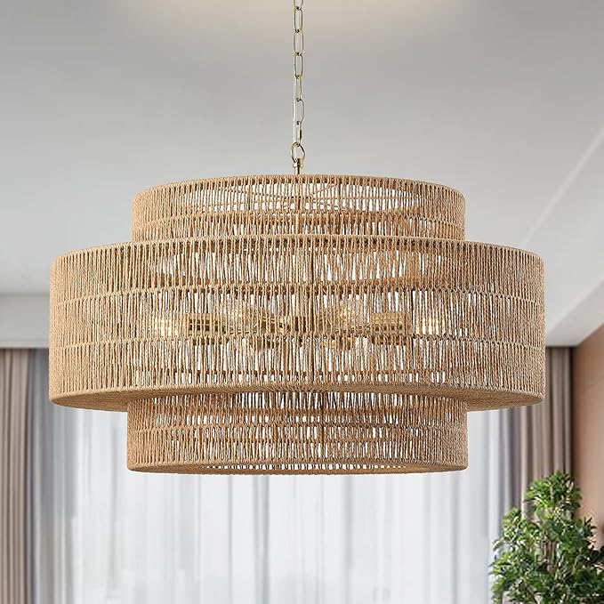 31.5"Large Boho Rattan Farmhouse Chandeliers for Dining Room,8-Light Rattan Hand-Woven Rustic Drum Chandelier Pendant Light Fixture for Kitchen Island Bedroom Living Room Entryway Foyer(Brown)