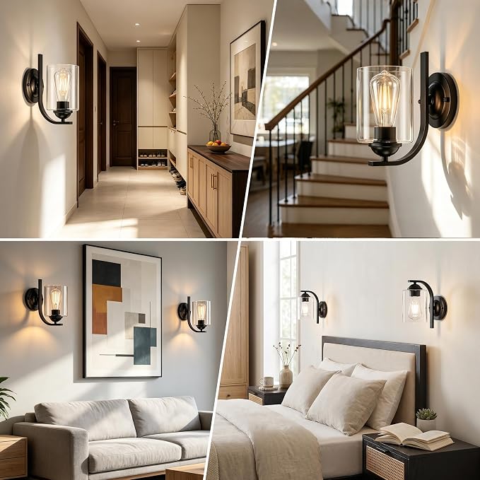 Wall Sconces Lights Lamp for Bedroom Bathroom, Modern Vanity Light Fixtures, Matte Black Farmhouse Wall Mount Lighting Lanterns with Clear Glass Shade for Living Room Mirror Hallway Kitchen