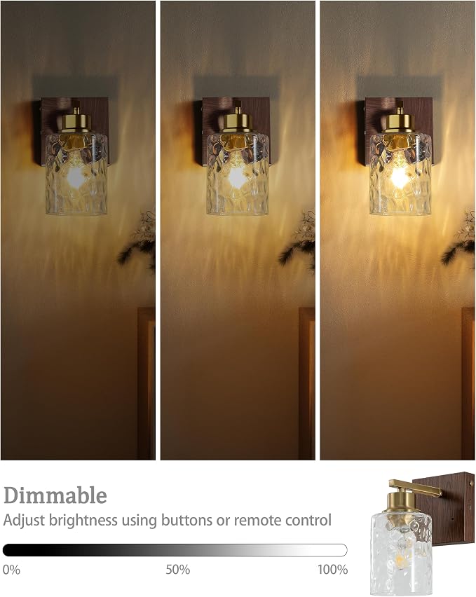 Hammered Glass Battery Operated Wall Sconces Set of Two Gold & Walnut | Dimmable Rechargeable Wall Lights with Remote Timer, Easy Install Lamp for Living Room Bedroom, Emergency 3000K