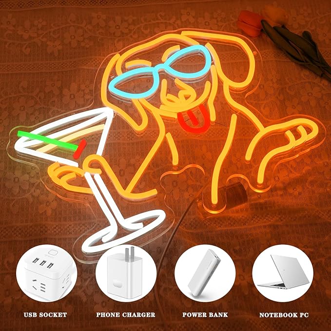 Dachshund Martini Neon Sign for Wall Decor Bar Neon Light Dog Drinking Martini Led Sign Animal Neon Light Signs for Bar Man Cave Pub Wine Cellar Decoration