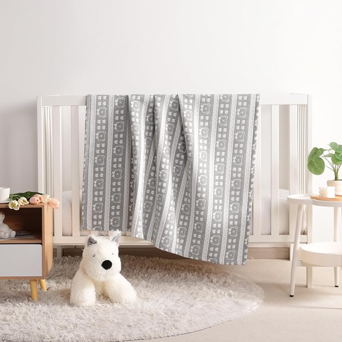 NTBAY 3 Layer Oversized Muslin Toddler Blanket, 45 x 60, Dark Grey Bear | Muslin Cotton Outer Layers with Light Thermal Fiber Fill, Reversible Blanket for Daycare, Travel, Naps, and Supervised Use