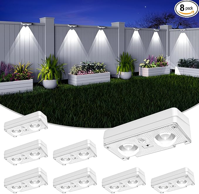JOFIOS Solar Fence Lights Outdoor Waterproof, 80 Lumens Solar Lights for Fence with Warm White & RGB 8 Colors,Outdoor Solar Light for Deck, Patio, Backyard, Fence, Railing (8-Pack-White)