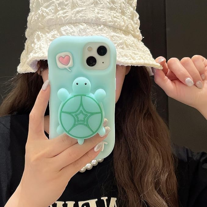 Kawaii Phone Case for iPhone 14 with Kickstand Cute 3D Cartoon Night Light Turtle Silicone Protective Case Cover for Women & Girl