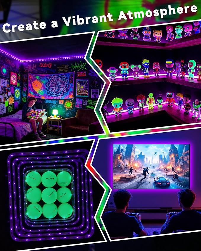 33FT USB Black Lights LED Strip, Battery Operated Black Light Tapestry Light, 300LEDs Blacklight for Bedroom Glassroom, Halloween, Glow Neon Party, Birthday, Fluorescent Poster Painting,4 Pack