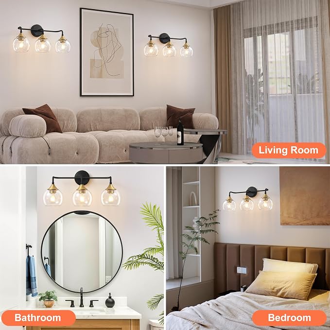 Bathroom Light Fixtures 3-Light Black and Gold Vanity Light 22" | Farmhouse Bathroom Lights, Thickened Clear Glass Shade, UL E26 Dimmable Vanity Lighting Fixtures Over Mirror
