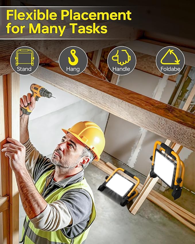2 Pack 7200LM LED Work Light with Switch, IP66 for Garage Workshop | 60W Flood Light Outdoor, Portable Job Site Lighting with Stand, 5000K Daylight Worklight for Construction Car Repairing