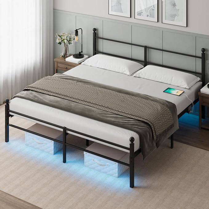 King Size Bed Frame with Headboard - Metal Platform Bed with LED Lights, Charging Station, Under Bed Storage and Heavy Duty Steel Slats Support - No Box Spring Needed, Easy Assembly, Black