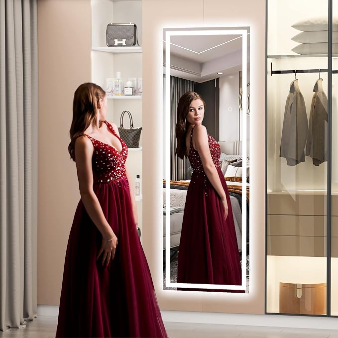 Hasipu Full Length Mirror with Lights, 58" x 18" LED Lighted Floor Standing, Full Body Dressing Hanging Mounted Mirror, Tempered Glass, Square White