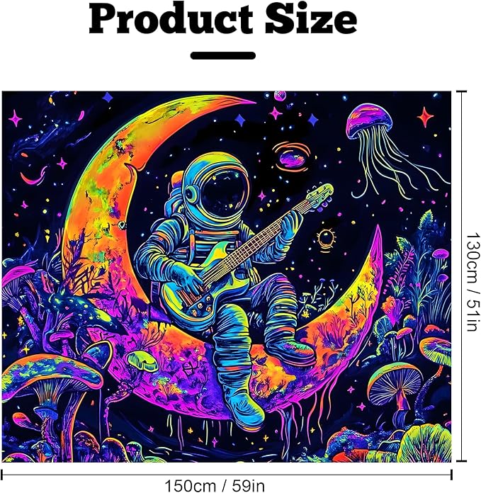 BVBOX Blacklight Space Astronaut Tapestry UV Reactive Galaxy Planet Glow in Dark Tapestries Black Light Poster Neon Wall Hanging Art for bedroom Living Room (Astronaut & Guitar-1M)
