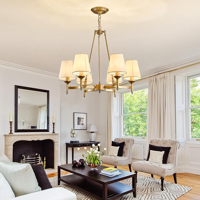 Gold Wagon Wheel Chandelier with White Linen Shade 6-Light Industrial Ceiling Light Fixture 26.8inch Large Farmhouse Hanging Pendant Light for Dining Living Room Kitchen Bedroom Entryway Foyer