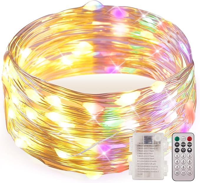 Ariceleo 1 Pack Warm White & Multi-Color Battery Operated String Lights, 5M/16.4ft. 50 LEDs Remote Control Timer 12 Modes Optional Twinkle Battery Powered Fairy Lights Sliver Wire Firefly Lights