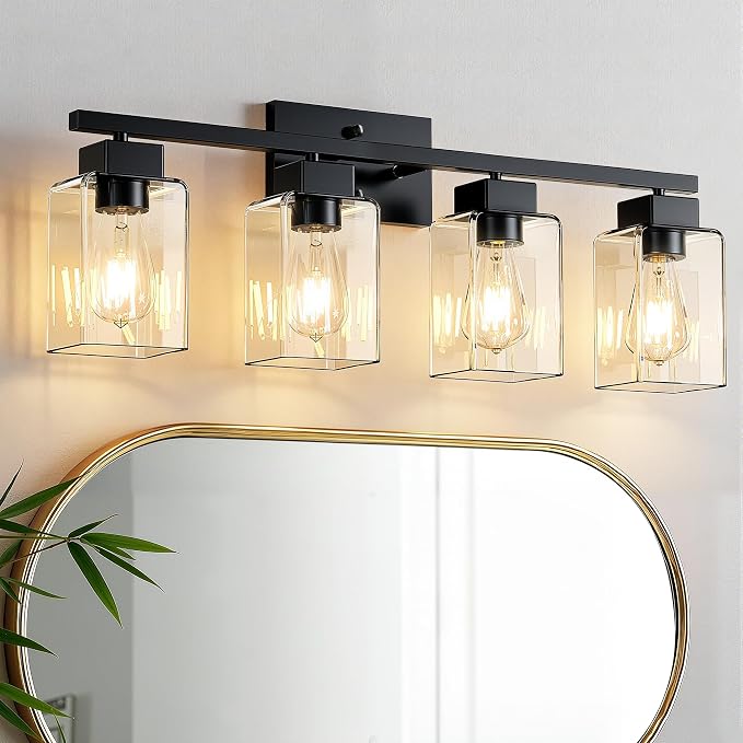 4-Light Bathroom Light Fixtures, Matte Black Modern Vanity Lights, Bathroom Lighting Fixtures Over Mirror, Square Design Farmhouse Wall Sconces with Clear Glass Shades