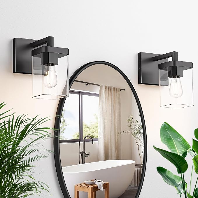 Set of 2 Wall Sconce, Square Design Morden Bathroom Lighting Fixtures with Clear Glass Shade, Matte Black Wall Lights for Living Room/Bedroom/Hallway/Porch
