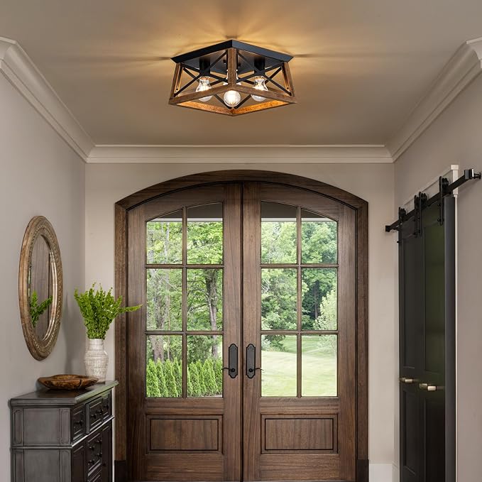 4-Light Famrhouse Light Fixture, Rustic Ceiling Light with Wood and Metal Frame, Farmhouse Flush Mount Ceiling Light for Hallway, Entryway, Bedroom, Kitchen, Living Room
