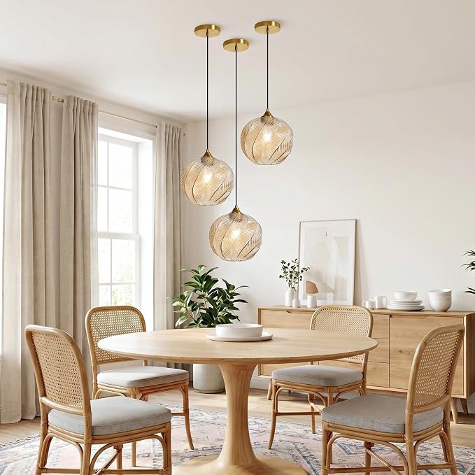 Amber Glass Pendant Lights Kitchen Island Gold Hanging Ceiling Light 9.84" | 1 Pack, Adjustable height, Dimmable, E26 bulbs, Rust-resistant Damp Rated For Bathrooms, 5-Year Warranty, UL Certification
