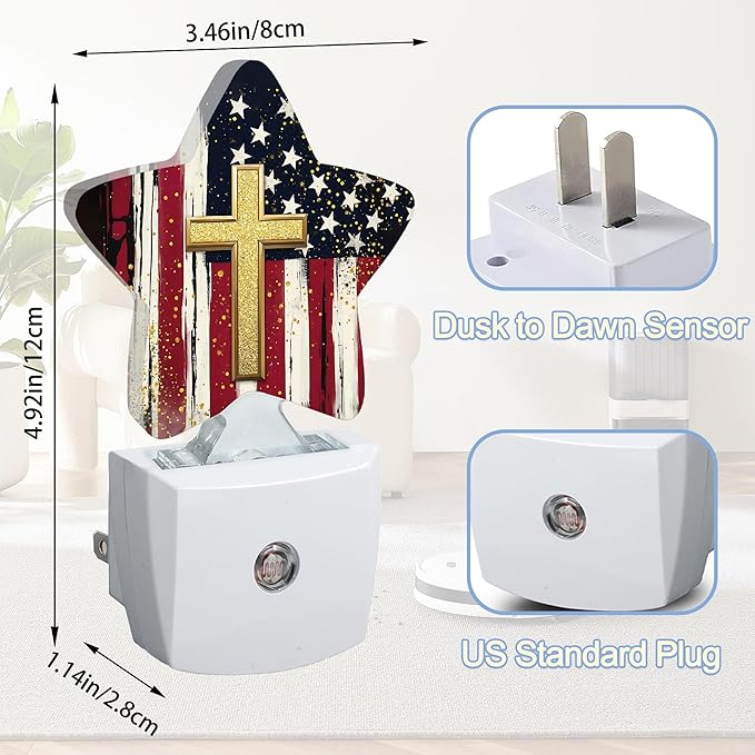 Night Light,American Flag Cross Plug into Wall with Dusk to Dawn Light Sensors,Vintage Warm Star Nightlights for Bedroom,Bathroom,Hallway,Kitchen Home Decor Desk Lamp