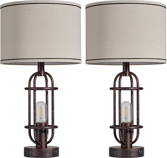 Reaketon 22.3" Table Lamps for Living Room Set of 2, Farmhouse Lamps for Nightstand, Vintage Table Lamps for Bedroom with USB Ports, Bulbs Included