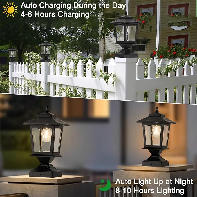 Derynome Solar Post Cap Lights,Waterproof Outdoor Light for 4x4 Wooden Posts, Solar Lights with Glass Shade for Deck Fence Patio Post Decor,Matte Black (2 Pack)