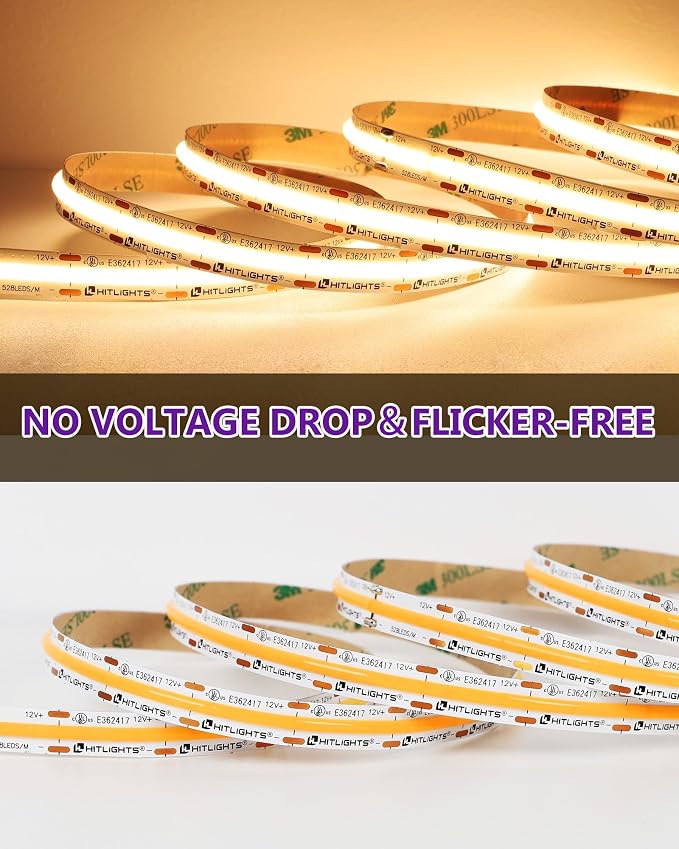 HitLights COB LED Strip Lights Warm White 2700K, 16.4ft 12V Tape, UL Listed | 2640 LEDs, 426 lm/ft, CRI 90+, IP30, High Density, Cuttable, Rope Lighting for Kitchen Cabinets, Power Source Not Included