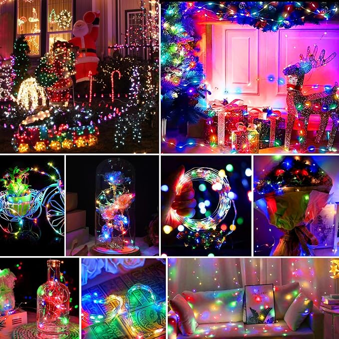 pozzolanas 8 Pack Multicolor LED Fairy Lights with Vibrant Red Beads, Battery Operated String Lights, 7 ft 20 LED Waterproof Firefly Lights on Silver Wire for Home Party Wedding Christmas Decorations