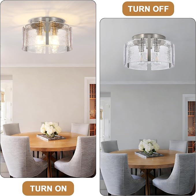 Brushed Nickel 3-Light Semi Flush Mount Ceiling Light, 15'' Modern Dimmable Hallway Fixture with Hammered Glass for Entryway Kitchen Bedroom Bathroom Foyer