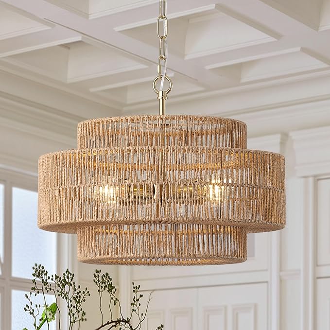 17.7"Large Boho Rattan Farmhouse Chandeliers for Dining Room,4-Light Rattan Hand-Woven Rustic Drum Chandelier Pendant Light Fixture for Kitchen Island Bedroom Living Room Entryway Foyer(Brown)