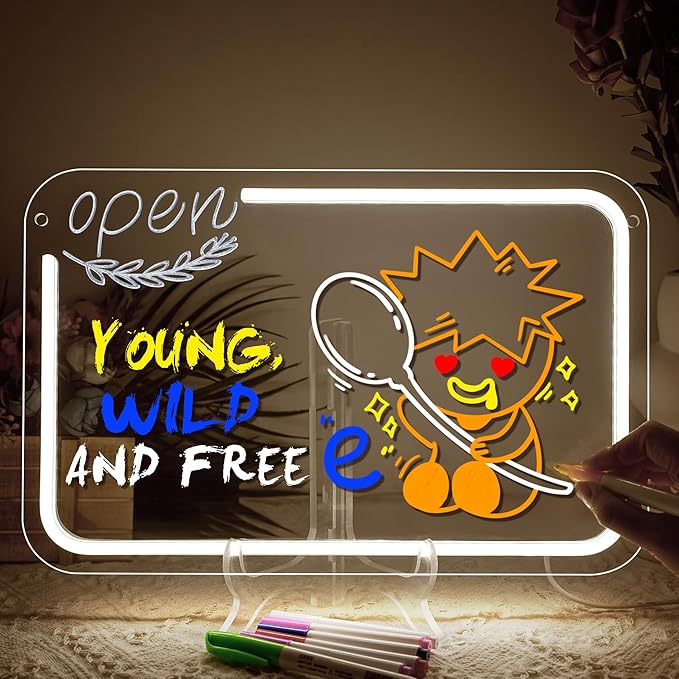 NOSUN OPEN LED Note Board 14.6*9.5” Acrylic Dry Erase Light Up Message Board with Chain and Stand, for Bar Salon Coffee Stores Club Hotel Kids With 7 Color Markers Glow Rewritable Memo Drawing Writing Board