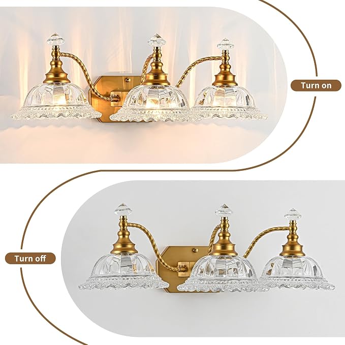 Vintage Bathroom Light Fixtures, 3-Light Brass Vanity Lights with Floral Clear Glass Shades, Retro Wall Sconce for Bedroom, Living Room, Hallway
