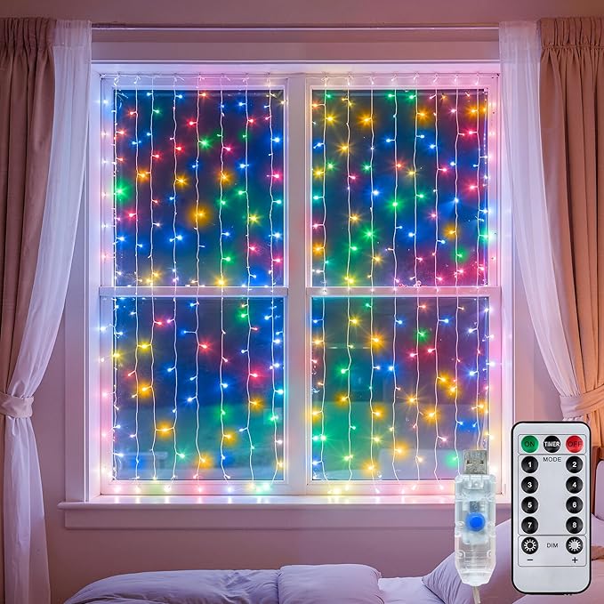 Curtain String Lights Indoor, 200LED 6.6 * 6.6FT USB Plug-in Window Curtain Lights with Timer and 8 Modes, Waterproof Multicolor Curtain Fairy Lights for Bedroom Room Wedding Outdoor Decor
